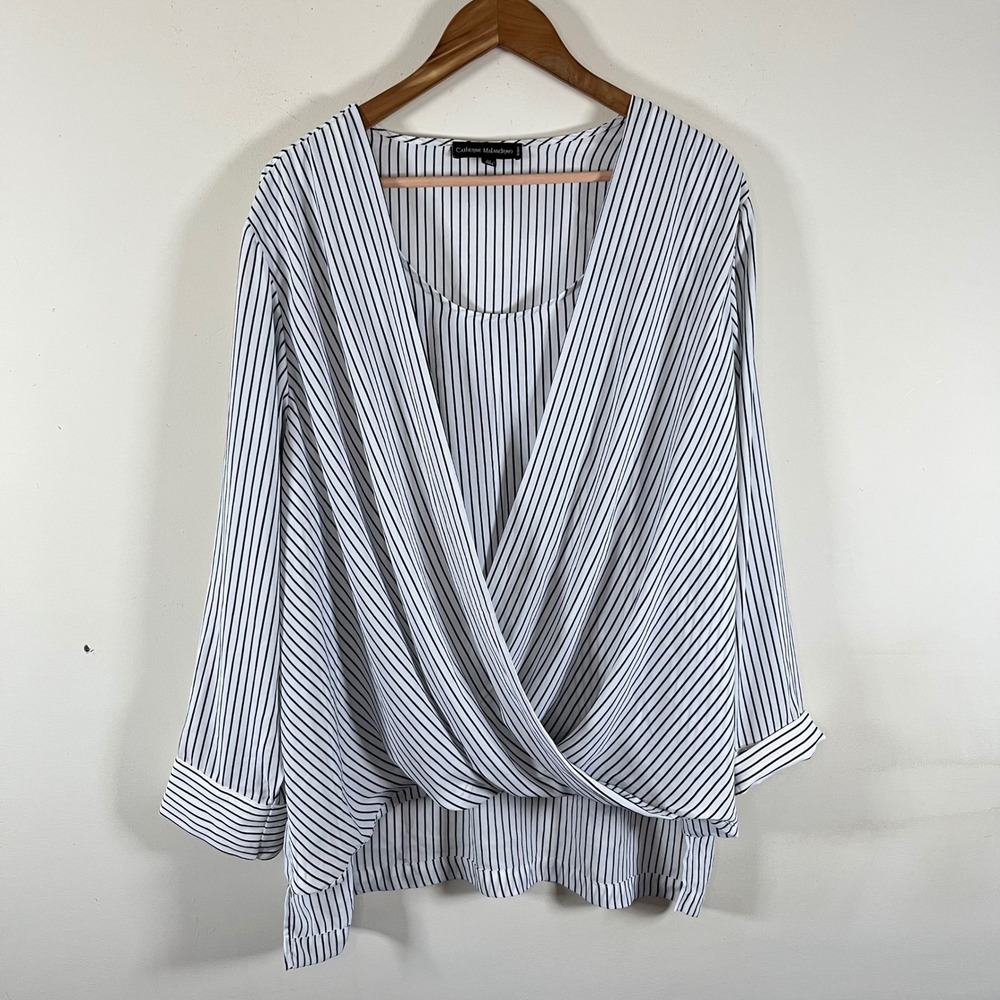 Catherine Malandrino Surplice Crossover Draped Blouse Pinstripe Black White 3x